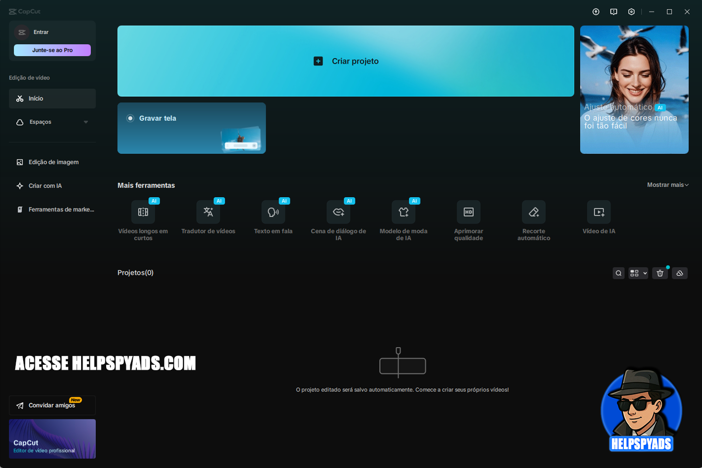 Tela inicial do app CapCut