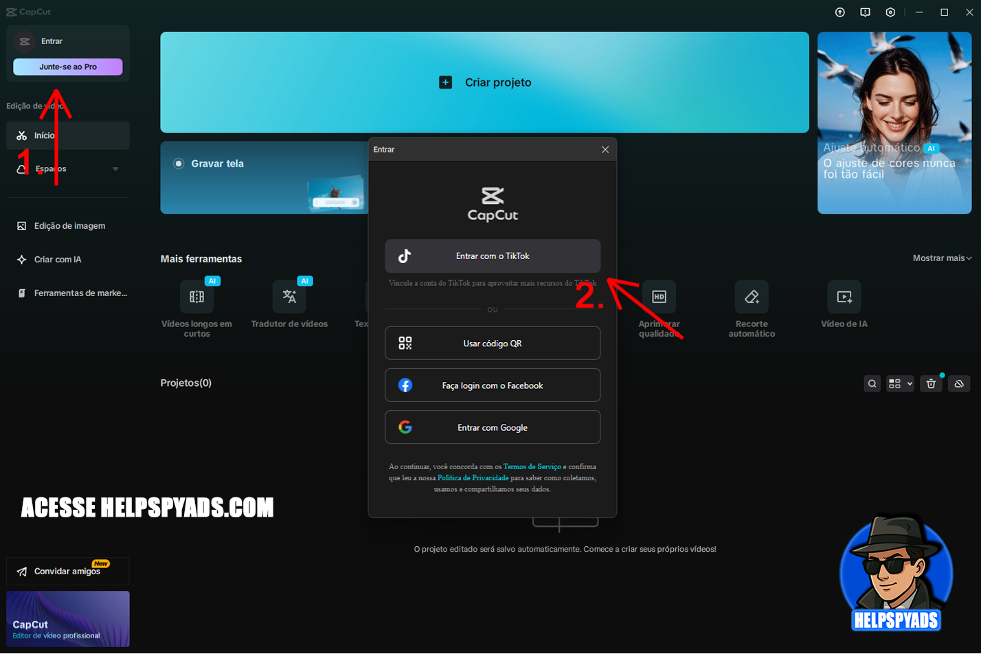 Botão Logar com TikTok no CapCut
